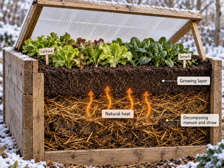Cutaway view of a traditional garden hot bed showing winter salad crops above a growing layer of soil and compost, with decomposing manure and straw underneath providing natural heat.