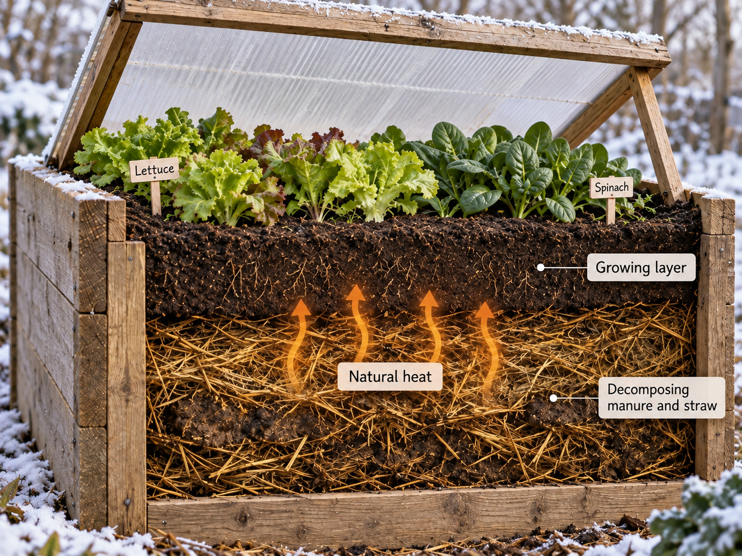 Cutaway view of a traditional garden hot bed showing winter salad crops above a growing layer of soil and compost, with decomposing manure and straw underneath providing natural heat.